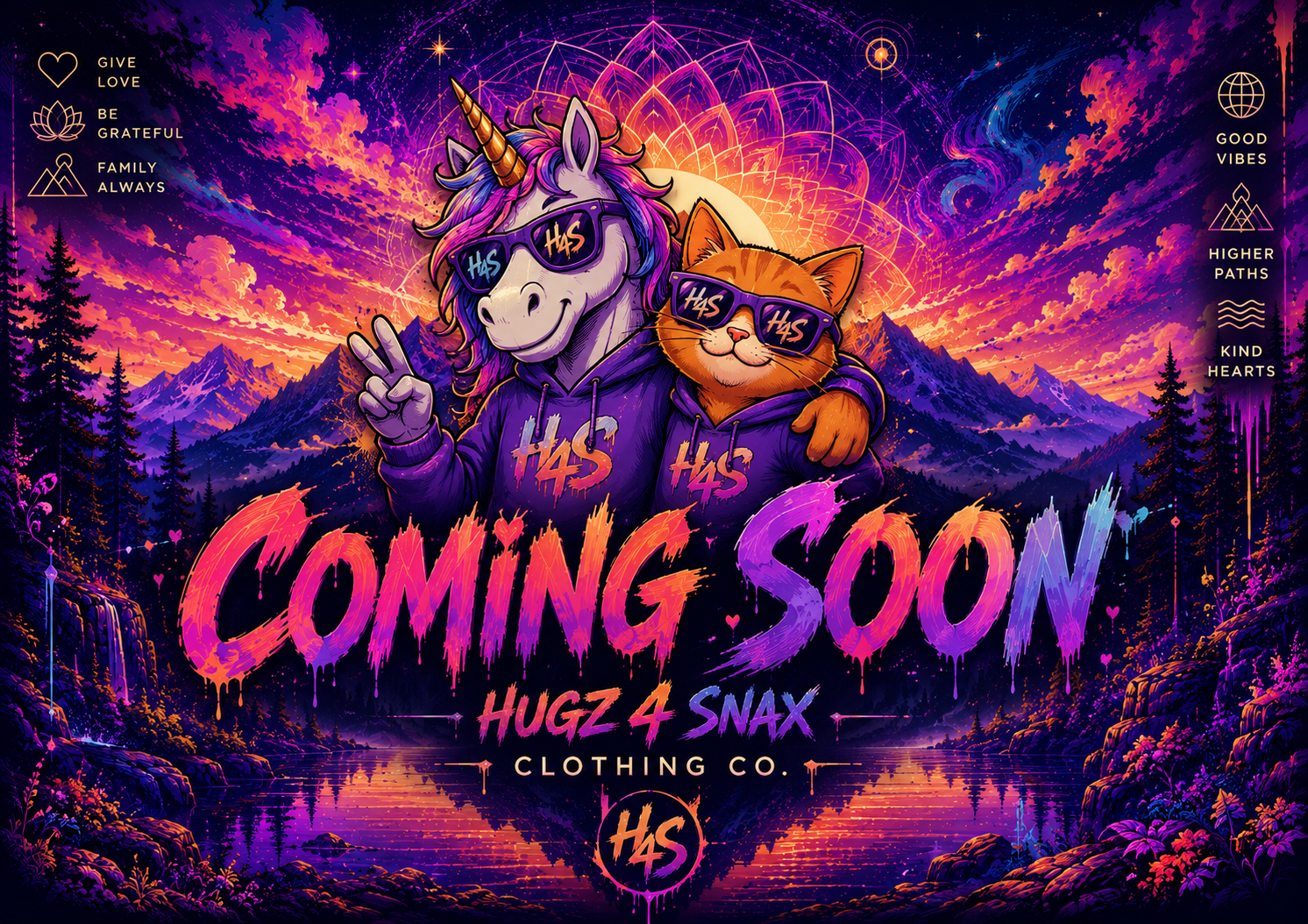 HUGZ 4 SNAX Clothing Co. Coming Soon — unicorn and trippy cat mascots in a psychedelic sunset mountain landscape